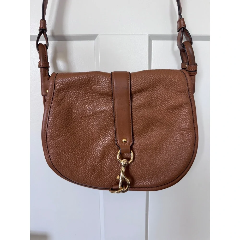 Michael Kors Brown Pebbled Leather Saddle Crossbody Bag Gold Clasp Acorn